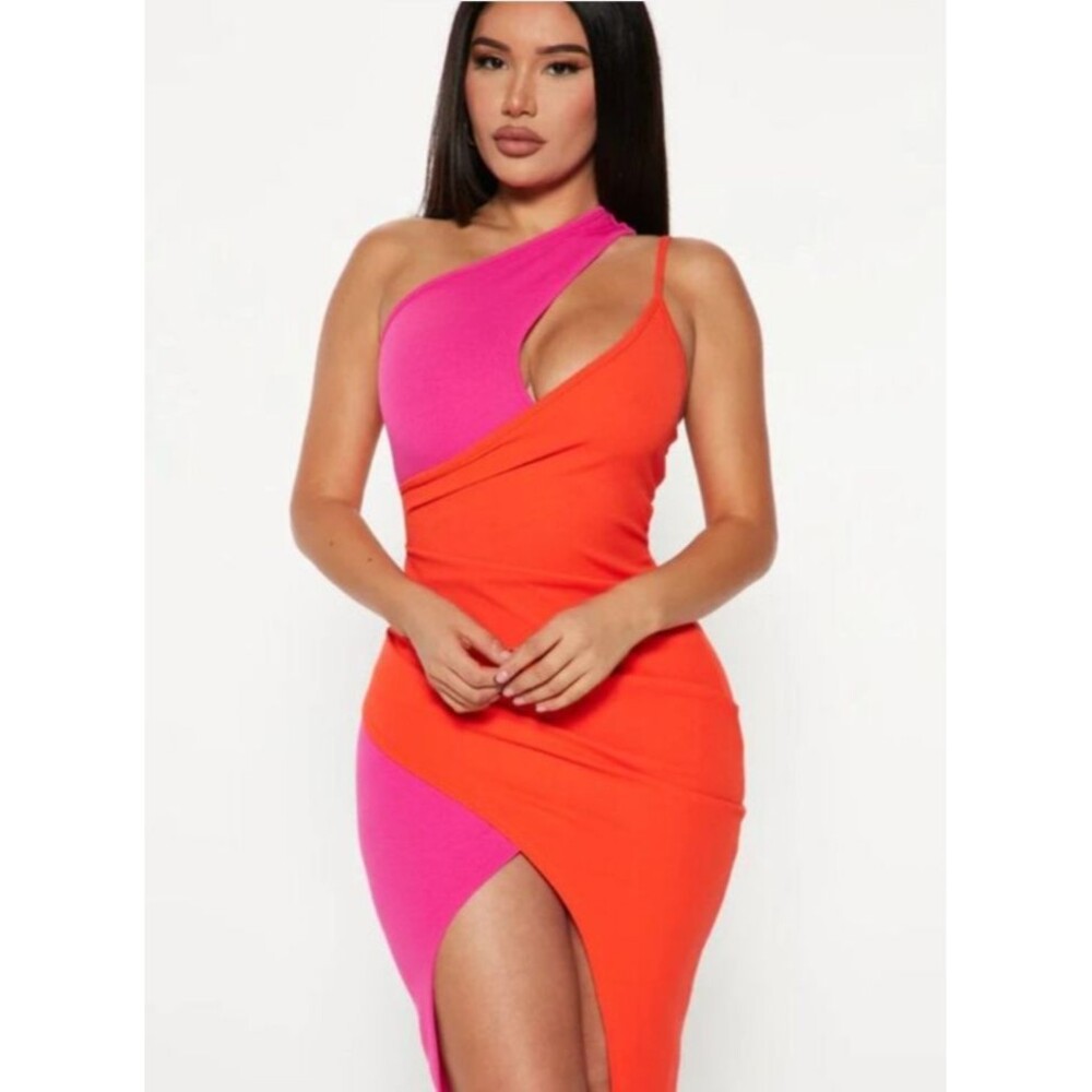 Fashion Nova NWT Diane Colorblock Midi Dress Orange Pink Neon XL Party City#1047